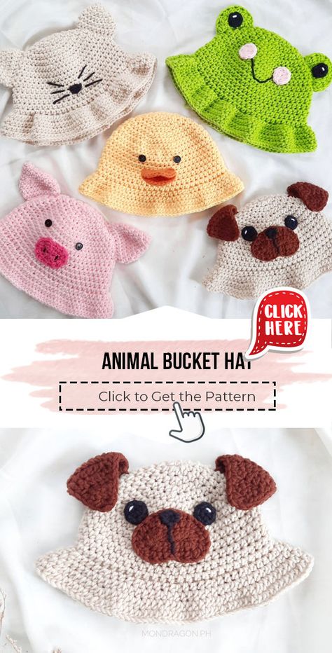 crochet Animal Bucket Hat easy pattern - Easy Crochet Hat Pattern for Beginners. Click to Get the Pattern #Hat #crochetpattern #crochet via @shareapattern.com Animal Crochet Hats, Free Crochet Animal Hat Patterns, Cute Crochet Bucket Hat Free Pattern, Crochet Bucket Hat Animal, Crochet Easy Animals For Beginners, Knitted Animal Hats, Crochet Cute Hats Free Pattern, Crochet Animal Beanie, Crochet Bucket Hat Kids