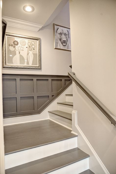 Even toned grey flooring works beautifully with wall panelling and light grey wall color Stairs Makeover Ideas, Stair Paneling, Basement Decoration, Velvet Wall, Shield Wall, Stairs Renovation, Painted Staircases, Diy Staircase, Stairs Makeover