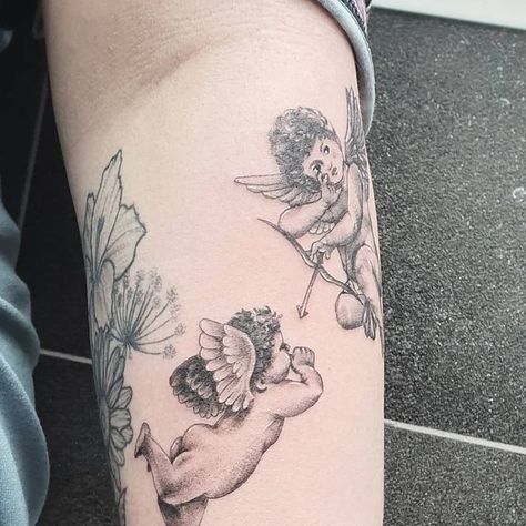 Hannah Kill Tattoo on Instagram: "Some cherubs and butterflies for @alannahblamire yesterday!! Thankyou so much forcong down and giving our two new babies a home 😂😘🖤 #cherub #cherubtattoo #butterfly #butterflytattoo #stippletattoo #stippling #babytattoo #angel #angeltattoo" Angel Tattoo Cover Up, Angel With Butterfly Tattoo, Cherub Baby Tattoo, Baby Cherub Tattoo, Cherub On Cloud Tattoo, 3 Cherub Angel Tattoo, Three Cherubs Tattoo, Two Cherubs Tattoo, Angel Baby Tattoo