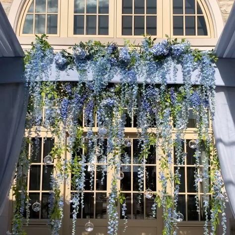 Hanging Blue Flowers, Wisteria Fairy Lights, Light Blue Outdoor Wedding, Blue Wisteria Wedding, Blue Hanging Flowers, Light Blue Party Aesthetic, Blue Garden Aesthetic, Wisteria Wedding Decor, Wisteria Decor