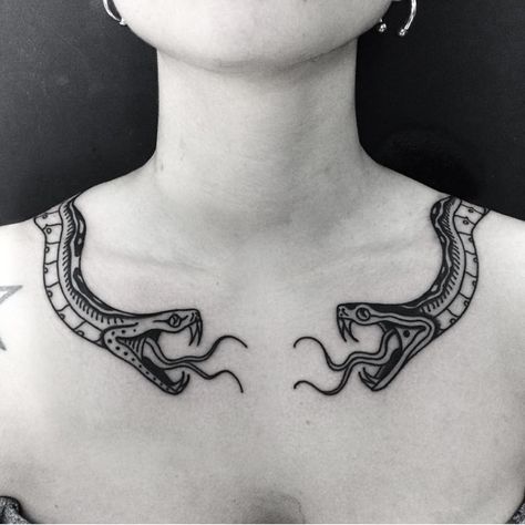 Snake Tattoos Around Neck, Snake Around The Neck Tattoo, Snake With Two Heads Tattoo, Snake Collar Tattoo, Snake On Neck Tattoo, Patch Work Chest Tattoos, Snake Neck Tattoo Women, Neck Tattoo Snake, Snake Around Neck Tattoo