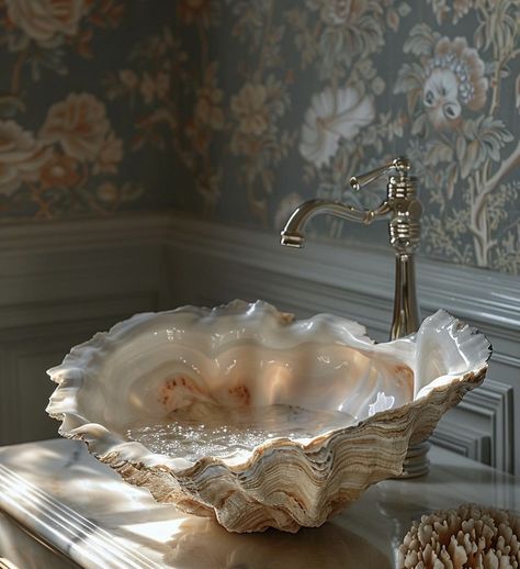 Bathroom Shells Decor, Sinking Aesthetics, Shell Bathroom Decor, Bathroom Decor Sink, Shell Architecture, Shell Bathroom, Shell Sink, Crystal Bathroom, Mermaid Bathroom