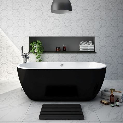 Verona Black Freestanding Modern Bath Black Bath In Bathroom, Modern Bath With Tub, Bathroom Black Bathtub, Black Tub In Bathroom, Black Bath Bathroom, Black Freestanding Bath, Black Bath Tub Bathroom, Black Baths, Black Bathtub Bathroom