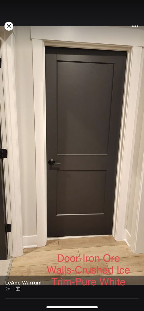 Colored Doors White Trim, Slate Interior Doors, Interior Dark Doors, Beige Walls With Black Doors, Alabaster Walls With Black Doors, Best Colors For Interior Doors, Painted Hallway Doors Interior, Grey Doors And Trim, Interior Doors Painted Colors