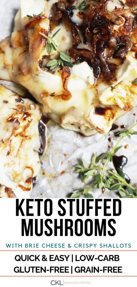 These Keto Brie and Thyme Stuffed Portobello Mushrooms with Crisped Shallots are a showstopper side dish or appetizer! The thyme compliments the earthiness of the mushrooms and the buttery flavor of the brie cheese. These mushrooms are keto, low-carb, grain-free, and gluten-free!  #thanksgivingappetizer #stuffedmushrooms  #ketoappetizer  #ketosidedish  #portobellomushrooms Keto Brie, Mushrooms Portobello, Keto Mushrooms, Stuffed Portobello Mushrooms, Stuffed Portobello, Keto Sides, Keto Appetizers, Keto Burger, Crispy Shallots