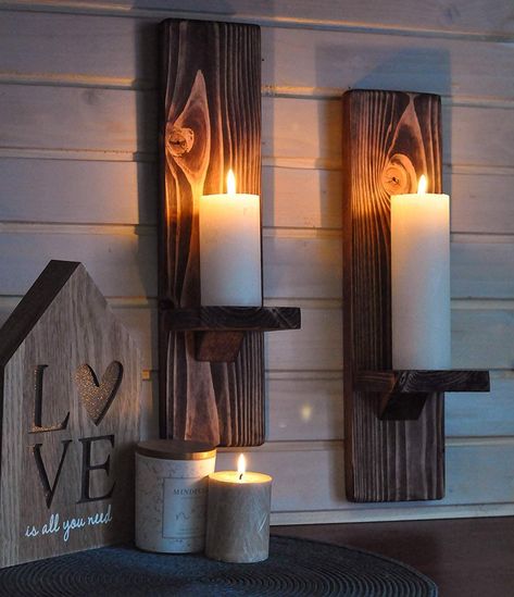 Wood Wall Sconce Candle Holder (Set of 2)| Wall-Mount Wooden Candle Holders | Wallmounted Rustic Pillar Candle | Floating Hanging Shelf | Farmhouse Decoration Handmade Candlestick (Golden Oak) Natural Candle Holders, Wall Mounted Candle Holders, Small Pallet, Candle Lighting, Wall Candle, Glass Votive Candle Holders, Rustic Candle Holders, Hanging Candles, Wooden Candle Holders