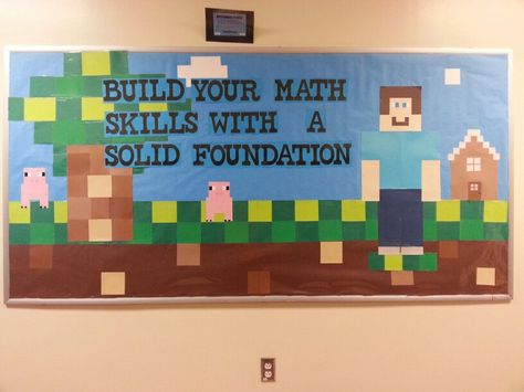 Minecraft bulletin board Fortnite Bulletin Board Ideas, Minecraft Bulletin Board, Maths Display Board, Video Game Classroom, Character Education Bulletin Boards, Minecraft Classroom, Game Vbs, Computer Room Ideas, Test Prep Motivation