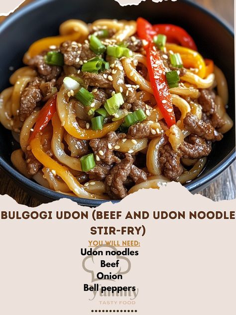 🍜 "Try Bulgogi Udon—a delicious stir-fry of tender beef and udon noodles. A perfect fusion of Korean flavors! 🍜🥩 #BulgogiUdon #KoreanNoodles" Bulgogi Udon (Beef and Udon Noodle Stir-Fry) Ingredients: Udon noodles (300 g) Beef (300 g, thinly sliced) Onion (1, sliced) Bell peppers (1, sliced) Soy sauce (3 tbsp) Sugar (1 tbsp) Garlic (3 cloves, minced) Sesame oil (1 tbsp) Green onions (2, chopped, for garnish) Oil (2 tbsp) Instructions: Cook udon noodles according to package instructions. He... Beef Bulgogi Udon Noodles, Ground Beef Udon Noodles, Beef And Broccoli Udon Noodles, Black Pepper Beef Udon, Beef Udon Stir Fry, Korean Noodles, Stir Fry Ingredients, Udon Noodles, Tender Beef