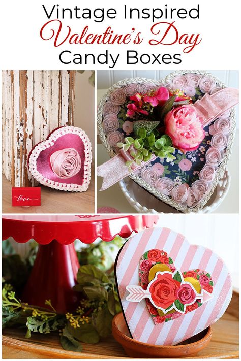 Whether giving these as gifts or using them for Valentine's Day decorations, these cute DIY vintage-inspired Valentine candy boxes are a fun and easy craft project bringing back a bit of nostalgia to candy giving. Box Upcycle, Heart Shaped Chocolate Box, Romantic Valentines Day Ideas, Fun Valentines Day Ideas, Valentine's Day Decorations, Heart Shaped Candy, Valentine's Decor, Diy Valentines Cards, Upcycling Projects