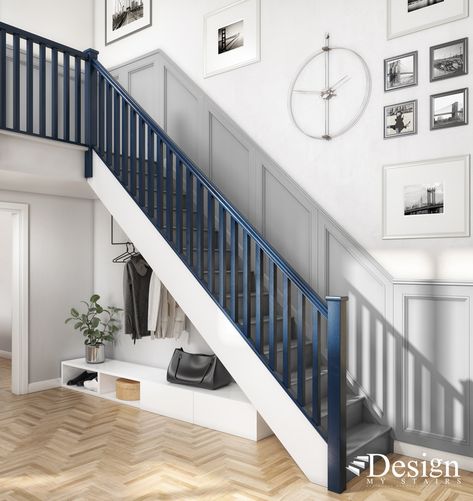 Navy Staircase Banister, Navy Blue Stair Railing, Navy Blue Staircase, Painted Wooden Staircase, Blue Bannister, Stairs Painted White, Staircase Paint, Stairs Tiles Design, Stairs And Hallway Ideas