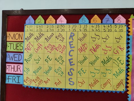 Class Timetable Ideas Classroom Displays, Creative Time Table For School, Class Time Table Chart Ideas, Time Table Chart Ideas, Time Table Chart Ideas For Classroom, Chart Ideas For Classroom, Table Chart Ideas, Superhero Classroom Door Decorations, Time Table Chart