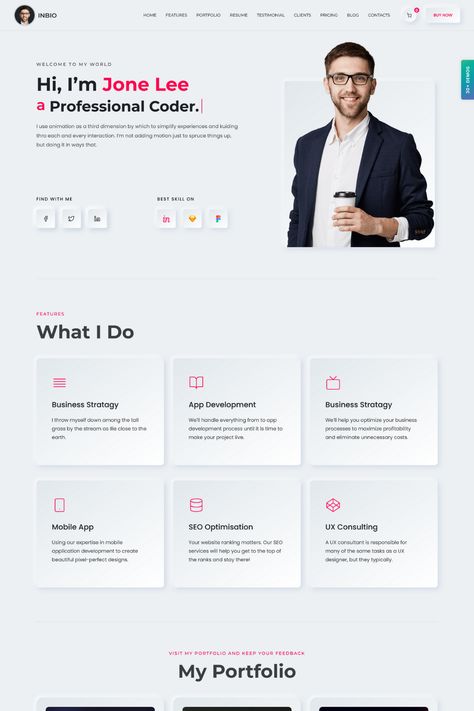 InBio is a minimalist and elegant WordPress theme designed for personal portfolios and resumes. With its clean and simple design, InBio allows users to showcase their work and experience in a professional and stylish manner. The theme includes a range of features, such as customizable sections, social media integration, and a contact form, that make it easy to create a personalized portfolio or resume website. InBio is also fully responsive, ensuring that your site will look great on any device. Contact Form Web Design, Minimalist Portfolio Website, Simple Portfolio Design, Personal Portfolio Website Design, Resume Website, Personal Portfolio Website, Portfolio Theme, Portfolio Resume, Portfolio Website Design