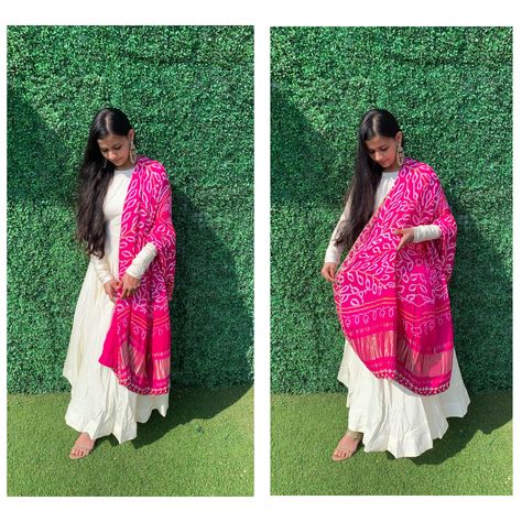 Wore this for morning Indian wedding, white rayon based anarkali and raani bhandhani dupatta, got taar kalakari  done on borders. #winterweddingideas  #dresses #fashion #styleinspiration #traditional #indianwedding #indian #bandhani #gujrati #style Morning Indian Wedding, Wedding White, Anarkali, Winter Wedding, Indian Wedding, Borders, Kimono Top, Personal Style, Style Inspiration