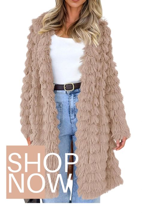 Faux fur fringe jacket is so much fun and soft too. Available in a variety of colors. #fashion #coat #jacket #fringe #style #styleblogger #affiliatelink Cardigans Crochet, Long Shaggy, Shaggy Jacket, Shearling Jacket Women, Cardigan Plus Size, Dressy Jackets, Fur Jackets, Winter Fashion Coats, Womens Jackets Casual