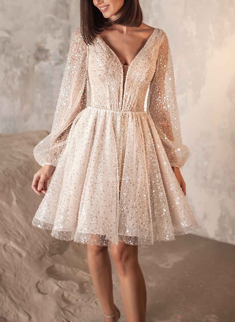 Long Sleeves V-Neck Sparkly Knee-Length Wedding Dresses Mini Wedding Dress, Short White Dress Wedding, Knee Length Wedding Dress, Mini Wedding Dresses, Mini Wedding, Wedding Dress Fabrics, White Short Dress, Bohemian Beach, Lace Mermaid Wedding Dress