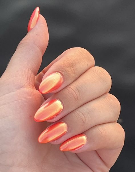 #sunset #orange #nail #nails #nailart #nailpolish #color #nailcolor Orange Chrome Nails, Sunset Nails, Orange Nails, Holographic Nails, Dope Nails, Chrome Nails, Gel Nail, Halloween Nails, Red Nails