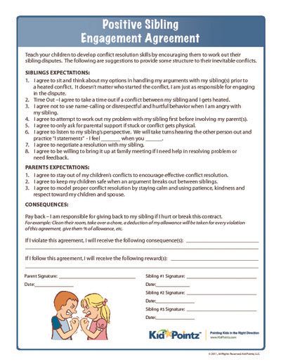 Conflict resolution is an important behavior skill kids need to learn early to reduce sibling rivalry. This agreement helps outline what sibling behavior is acceptable, and most importantly what consequences a child can expect if they break the agreement and use poor behavior. If a child violates this agreement, the discipline for this child may involve kids agreeing do the chores of another sibling, receive a sibling’s allowance, or even clean their room. Behavior Contract For Home, Kid Contracts, Sibling Conflict, Behavior Contract, Behavior Charts, Love And Logic, Sibling Relationships, Therapeutic Activities, Sibling Rivalry