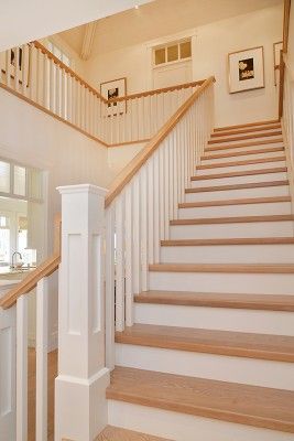 Seaglass Cottage-Sunshine Coast Home Design-24-1 Kindesign Townhouse Staircase, Cottage Luxury, Trey Ceiling, White Staircase, Traditional Staircase, Farmhouse Flooring, Oak Stairs, Wood Staircase, Stair Remodel