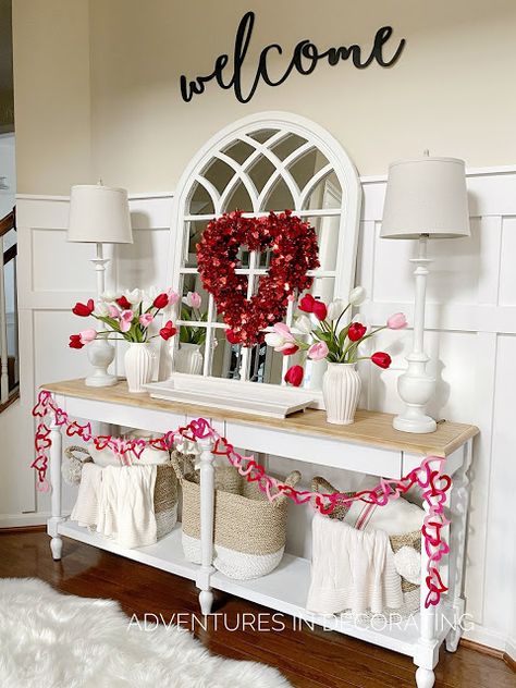 Valentine's Home Decoration, Vday Decor, Farmhouse Valentine Decor, Valentine Centerpieces, Stylish Tips, Diy Valentine's Day Decorations, Console Table Decorating, Entryway Table Decor, Diy Valentines Decorations