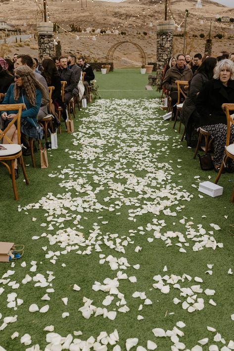 All White Wedding Arch, Rose Petals Aisle Wedding, Wedding Aisle Flower Petals, Petals On Aisle, White Petals Aisle, White Flower Aisle, Flower Petals Aisle, Wedding Aisle Petals, Aisle Flowers Wedding Walkways