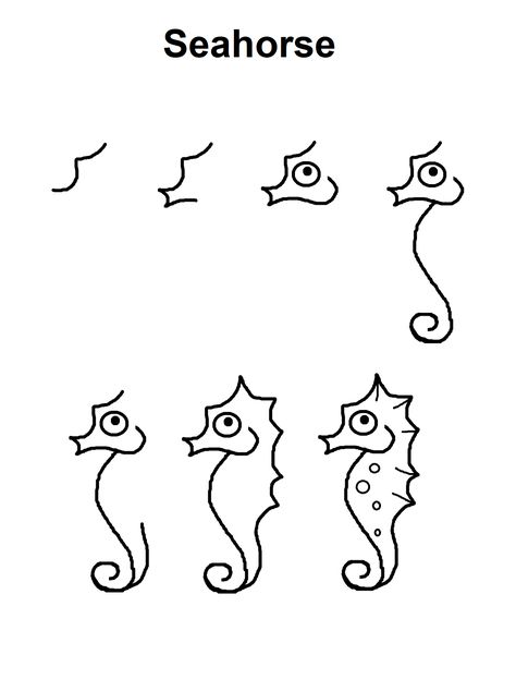 Step-by-step tutorial to draw a seahorse. Drawings Of Seahorses, Cute Sea Creatures Drawing Easy, Cute Easy Ocean Drawings, How To Draw A Seahorse Easy, Sea Dragon Drawing Easy, Simple Seahorse Drawing, How To Draw Seahorse, How To Draw A Seahorse Step By Step, Starfish Drawing Easy