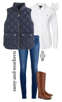 "fall outfit" by sassy-and-southern ❤ liked on Polyvore featuring AG Adriano Goldschmied, J.Crew, Allurez, Tory Burch and MICHAEL Michael Kors Outfit Grey, Adrette Outfits, Boating Outfit, Paris Mode, Mode Casual, Quilted Vest, Casual Fall Outfits, Tall Boots, Fall Winter Outfits