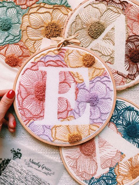 W Embroidery Letter, A Embroidery Letter, Embroidery Letter Patterns, Floral Letter Embroidery, How To Embroider Letters, Hand Embroidery Letters, Moody Green, S Embroidery, Embroidered Wall Art