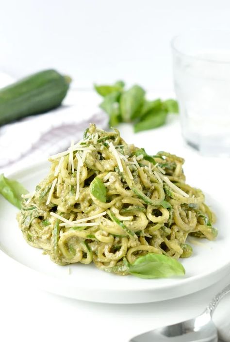 Zucchini Noodles with Pesto - Keto & Vegan - Sweetashoney - SaH Healthy Pesto Pasta Recipes, Vegan Zoodle Recipes, Healthy Pesto Pasta, Zucchini Noodles With Pesto, Pesto Vegan, Healthy Pesto, Creamy Pesto Sauce, Zucchini Noodle Recipes, Spiralized Zucchini