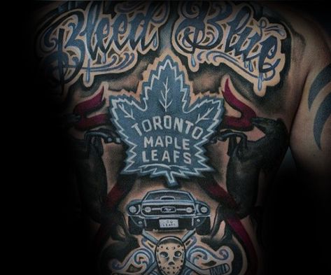 Full back Toronto Maple Leafs Tattoo Toronto Maple Leaf Tattoo, Skating Tattoo, Hockey Tattoos, Softball Tattoos, Toronto Maple Leafs Wallpaper, Net Tattoo, Maple Leafs Wallpaper, Ice Tattoo, Hockey Drawing