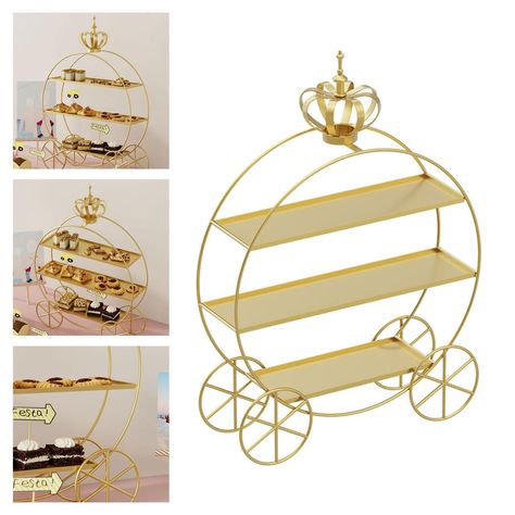 Store Home | Sporting Goods | Health & Beauty | eBay Motors | Toys & Hobbies | Home & Garden | Crafts | Clothing, Shoes & Accessories | Business & Industrial 3 Tier Cupcake Stand Candy Gold Cupcake Holder for Celebration Party Wedding    Description: 【Reusable Sturdy】: The cupcake stand mini cake stand dessert plates are made of metal, sturdy, use more comfortable 【Luxury Gold】: unique elegant design, showing grade, full of grace and romantic feeling, fit into any occasions or decorations. 【Fine Craftmanship】: gold color cake stand,have a pumpkin carriage shape, smooth lines, outstanding details, finished with shiny gold color. 【Multi Purpose stand】: The cupcake stand is great to display, cupcake, dessert, cookies, fruit, chocolate, pastry cheesecake, donuts, candies and any other snacks f Carriage Candy Table, Gold Quinceanera Decorations, Baby Shower Afternoon Tea, Gold Cupcake Stand, Tier Cupcake Stand, Cookies Fruit, 3 Tier Cupcake Stand, Afternoon Tea Wedding, Gold Cookies