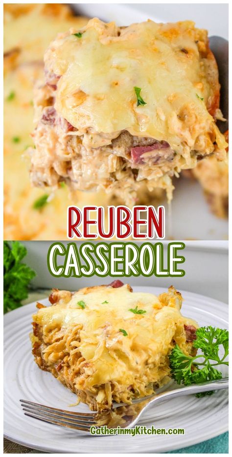 Make a hearty Reuben casserole with this simple recipe. Combining rye bread, corned beef, sauerkraut, and Swiss cheese, this baked casserole is perfect for any occasion. Reuben Casserole, Corned Beef Sandwich, Slow Cooker Corned Beef, Hamburger Casseroles Recipes, Easy Chicken Casserole Recipes, Chicken Casserole Easy, Healthy Casserole Recipes, Russian Dressing, Corned Beef Recipes