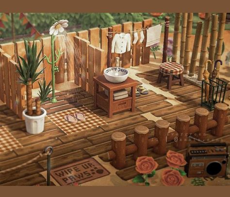 Small Animal Crossing Builds, Modern Animal Crossing Island, Animal Crossing Fishing Area, Acnh Laundry Area, Animal Crossing Floor Design, Animal Crossing Beach House, Animal Crossing Inspiration, Cottagecore Animals, Kakariko Village