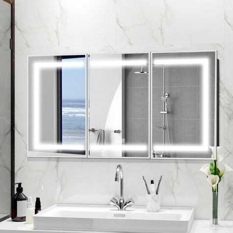 PRICES MAY VARY. 【High-quality LED Bathroom Medicine Cabinet Mirror】Unlike other medicine cabinets mirror that are made of wood, our medicine cabinet with mirror uses a metal frame, which is hard, moisture-proof, and is integrally formed without complicated assembly. the metal surface is coated with a film, adopting advanced coating process, our medicine cabinets for bathroom are more rust-proof, moisture-proof, and more durable. 【3 Colors Temperature& Brightness Dimmable】The brightness of the l Bathroom Mirror With Storage, Bathroom Medicine Cabinet Mirror, Mirror Cabinet With Light, Mirror With Storage, Bathroom Mirror Storage, Bathroom Wall Cabinet, Cabinet Mirror, Medicine Cabinet With Mirror, Small Bathroom Renovations