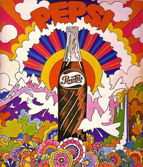 Symmetrical Illustration, Pepsi Advertisement, 70s Illustration, John Alcorn, Trippy Visuals, Hippie Culture, Pepsi Cola, City Illustration, Hippie Art