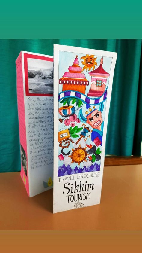 Handmade Brochure Design Ideas, Aesthetic Travel Brochure Ideas, Travel Broucher Design Creative, Sikkim Brochure Handmade, Sikkim Travel Brochure, Travel Brochure School Project Aesthetic, Travel Broucher Ideas Design, Handmade Travel Brochure Ideas, Sikkim Project Ideas