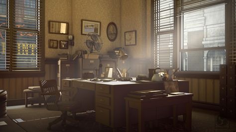 Benchmark detective office 2012 by Fudoshinart Police Station Aesthetic, Police Department Office, Station Aesthetic, Noir Detective, Detective Aesthetic, Detective Story, Police Station, Environment Design, Police Department