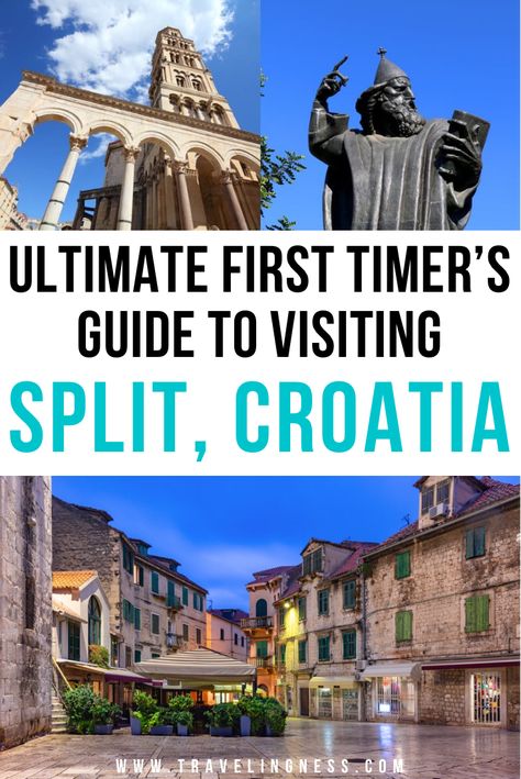 View of Roman ruins In Split, Croatia, a beautiful town square at night a large statue. One Day In Split Croatia, What To Do In Split Croatia, Split Croatia Things To Do In, Split Beaches, Croatia Split, Blue Cave, Croatia Itinerary, Croatia Vacation, Croatia Travel Guide