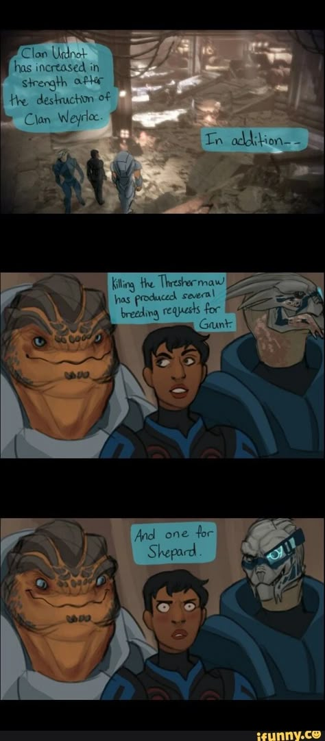 Mass Effect Ships Concept, Shepherd X Garrus, Funny Mass Effect, Shepard And Garrus, Mass Effect Andromeda Funny, Mass Effect Garrus And Shepard, Mass Effect Jaal, Grunt Mass Effect, Femshep X Garrus