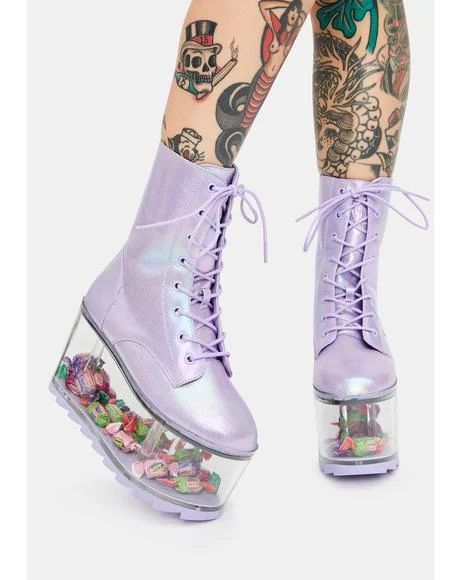 Purple Holographic Boots, Yru Shoes Platform, Purple Platform Boots, Holographic Boots, Thigh High Platform Boots, Clear Boots, Yru Shoes, Creeper Boots, Butterfly Heels