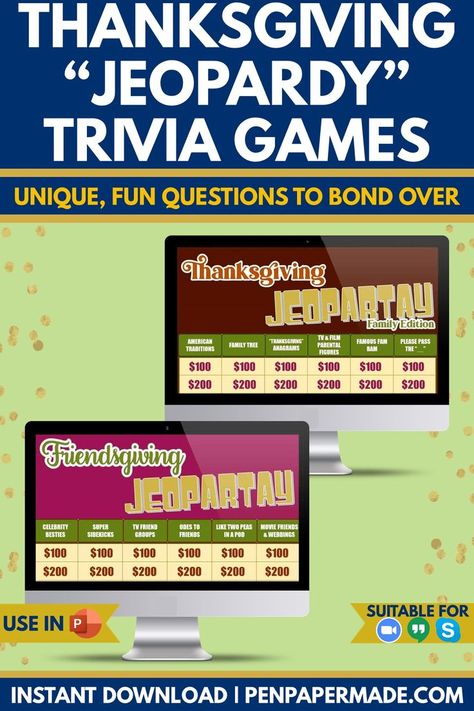 Thanksgiving Jeopardy Questions, Office Thanksgiving Games, Thanksgiving Office Party Ideas, Thanksgiving Jeopardy Free, Thanksgiving Jeopardy, Thanksgiving Virtual Games For Adults, Thanksgiving Emoji Pictionary, Jeopardy Game, November Holidays