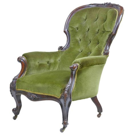 19th Century Victorian Carved Dark Walnut Lounge Chair | From a unique collection of antique and modern lounge chairs at http://www.1stdibs.com/furniture/seating/lounge-chairs/ Victorian Lounge Chair, Victorian Lounge, Antique Armchair, Victorian Bedroom, Victorian Chair, Vintage Lounge, Reupholster Chair, Green Armchair, Vintage Chair