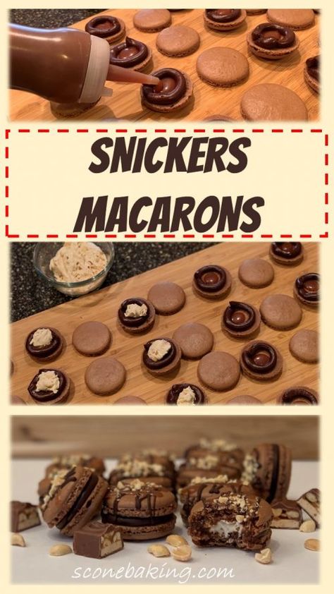 Snickers Macarons – Scone Baking and Beyond Candy Bar Macarons, Snickers Macarons, Macarons Flavors, Macaron Fillings, Easy Macaroons Recipe, French Macaroon Recipes, Macarons Macaroons, Chocolate Macarons, Snickers Candy