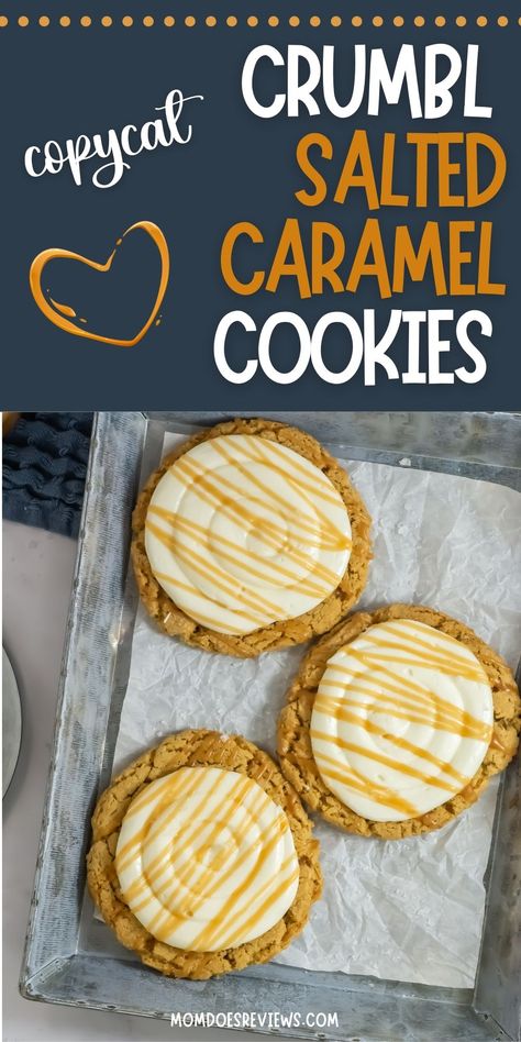 Copycat Crumbl Salted Caramel Cookies - Mom Does Reviews Crumbl Cookie Copycat Salted Caramel, Salted Caramel Crumble Cookie, Sea Salt Toffee Cookies Crumbl, Carmel Apple Crumble Cookie Recipe, Salted Caramel Cookies Crumbl, Cookie Recipes Crumbl Cookie, Crumble Cookie Copycat Recipe, Crumble Cookies Recipe, Crumbl Cookie Recipes