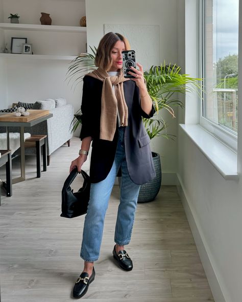 Felt preppy, might delete later. Blazer a couple of years old from @mango Jeans @hm (had them tailored) Loafers and bag @phaseeight *pr gift Cardigan @hm Outfit linked on stories/October highlight. #workoutfit #officeoutfit #officeoutfit #blazerandjeans #autumnoutfits #petitefashion #phaseeight #hmxme #preppyfashion #preppystyle #fashionover40 Loafers And Cardigan Outfit, Grey Striped Blazer Outfit, Cardigan Hm, Striped Blazer Outfit, Madewell Blazer, Pr Gift, Mango Jeans, Striped Blazer, Phase Eight