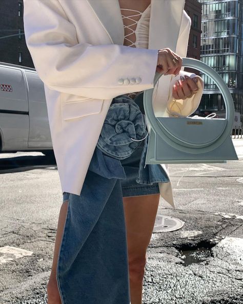 DENIM STREET STYLE  🦋 

#MagdaButrym #NewYork #NewYorkfashionweek #BottegaVeneta #Interior #Jacquemus Outfit In Summer, Denim Skirt Outfit, Flower Embellishments, Bodycon Dresses Casual, Short Denim Skirt, Cardigan Sweater Coat, Cardigan Sweater Dress, Denim Skirt Women, Short Denim