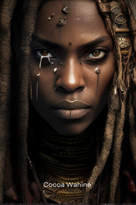 Isadira's fierce and fearless spirit is matched only by her beauty, with her hair styled in intricate dreads and adorned with regal amulets and color strands. As a leader and warrior, our African princess commands respect and inspires awe. She is a symbol of the strength and beauty of African women, and a reminder of the important role they have played in history as warriors, leaders, and queens. Black Woman Warrior, Black Warrior Woman, African Female Warrior, African Warrior Women, African Worrier Woman, African Women Warriors Goddesses, African Princess, Leo Season, Chiffon Top Designs