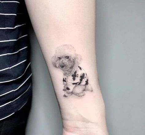 The 22 Fascinating Bichon Frise Tattoo Designs | The Dogman Bichon Tattoo, Bichon Frise Tattoo, Pet Portrait Tattoos, Small Animal Tattoos, Animal Tattoos For Men, Tattoos For Dog Lovers, Timeless Tattoo, Portrait Tattoos, Inner Forearm Tattoo