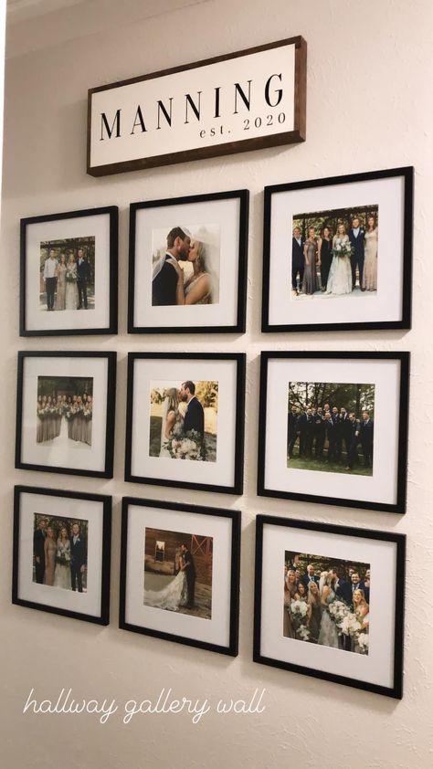 9x9 Photo Wall, Gallery Wall Top Of Stairs, Farmhouse House Decor Ideas, Everyday House Decor, My Future Home Aesthetic, Display Engagement Photos In Home, Wedding Photo Wall In House, Family Photo Wall Ideas Hallways Entryway, Entry Picture Wall Ideas