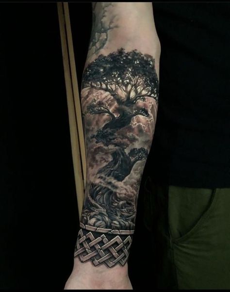 Tree Tattoo Hand, Ygdrassil Tattoo, Wren Tattoo, Family Sleeve Tattoo, Forest Forearm Tattoo, Yggdrasil Tattoo, Odin Tattoo, Tree Sleeve Tattoo, Lion Forearm Tattoos