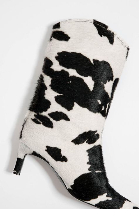 Cow print leather heeled gaucho boot Cowboy Boots Cow Print, Ariat Cow Print Boots, Cow Print Shoes, Cow Print Clogs, Cow Print Boots, Black And White Cow Print Boots, Print Boots, Shoe Print, Court Shoes